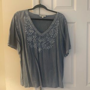 Soft denim looking material- flowey short sleeve top. See tags in photo section